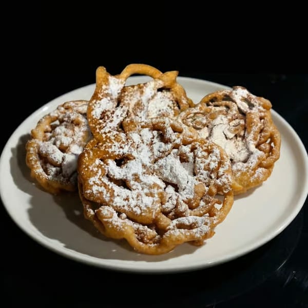 Four golden-brown funnel cakes, dusted with powdered sugar, arranged on a white plate against a dark background.