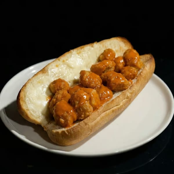 A buffalo chicken sub sandwich with melted cheese and orange sauce on a white plate.